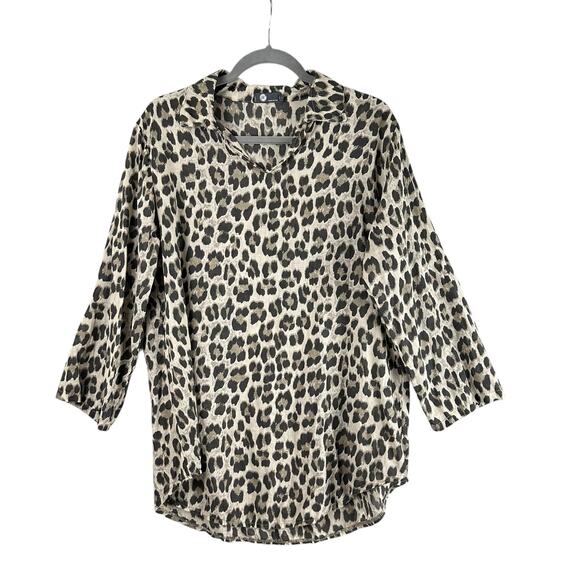Leopard Tunic Size L Brown Collared Lightweight Animal Blouse Made In Italy - Picture 1 of 12